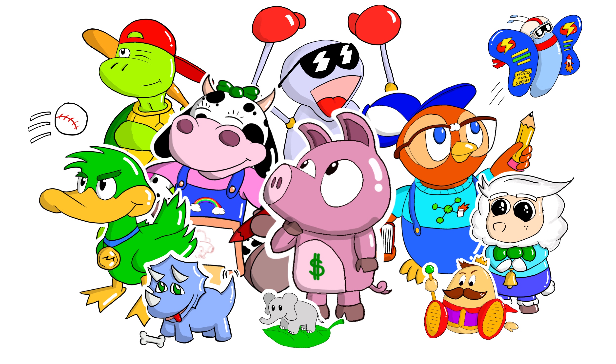 Kudosy mascot characters — pig, owl, duck, turtle, cow, dinosaur, sheep and more cartoon animals each uniquely designed